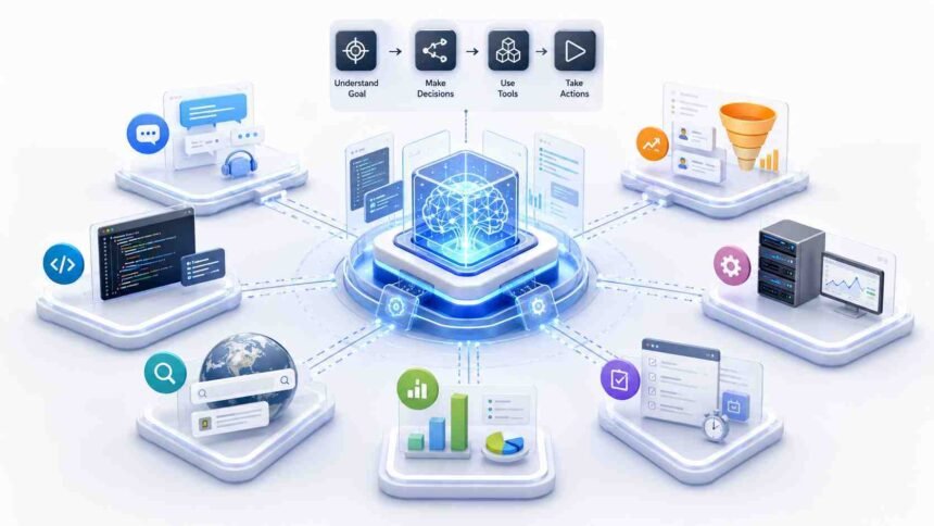 AI agent connected to coding, customer service, research, data analysis, sales, and business workflows