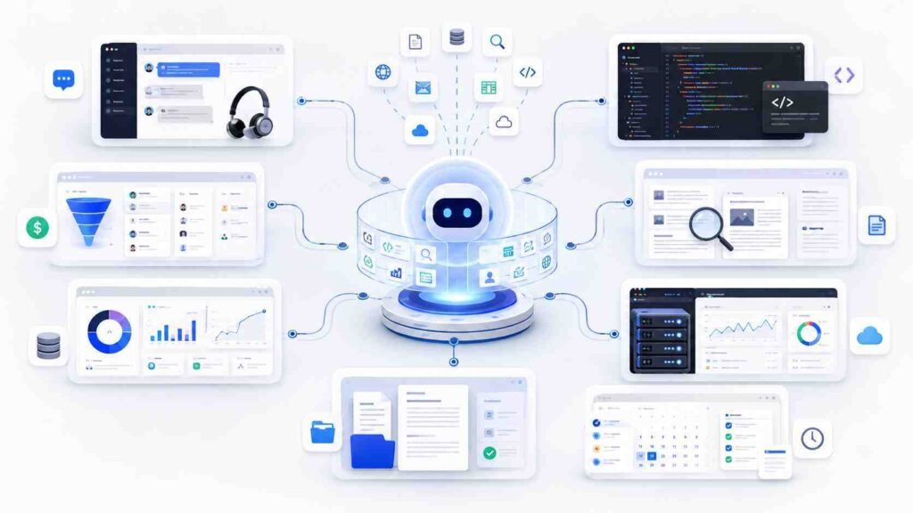 AI agent connected to customer service, coding, research, sales, data analysis, IT, and productivity workflows