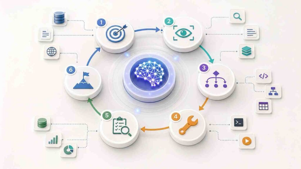 AI agent decision-making loop showing goal, observation, decision, action, result checking, and completion