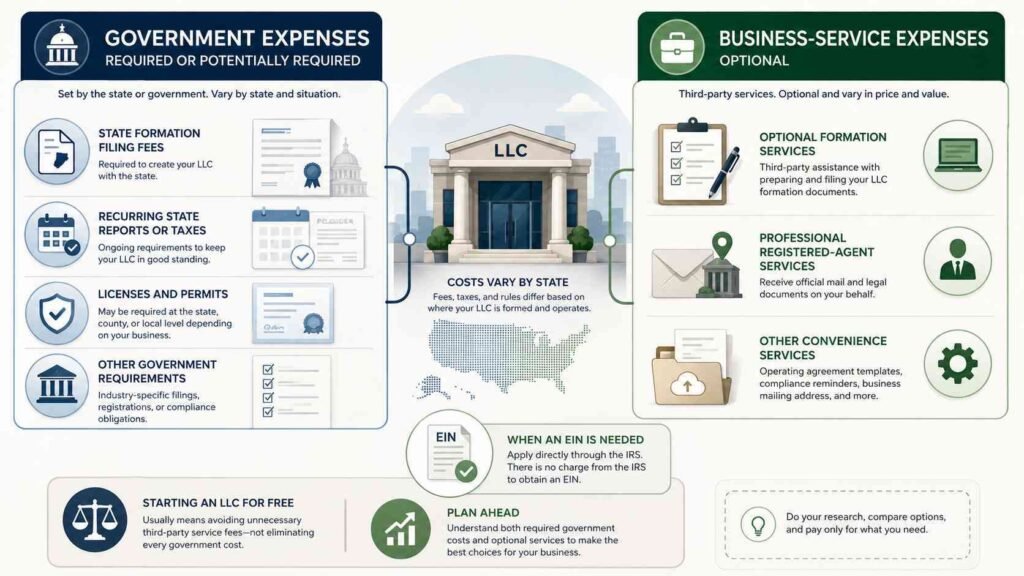 Infographic comparing government and optional costs of forming an LLC