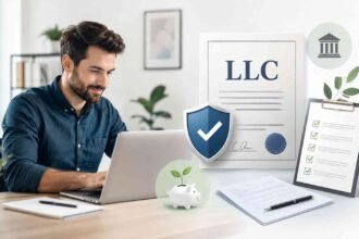 Business owner preparing LLC formation documents while setting up a business independently