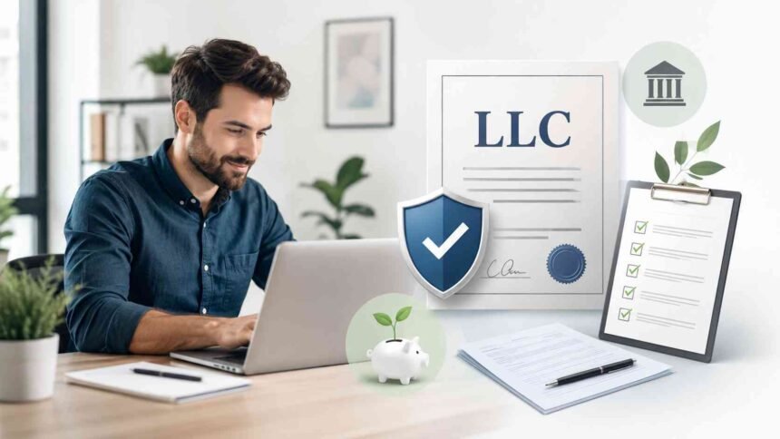 Business owner preparing LLC formation documents while setting up a business independently