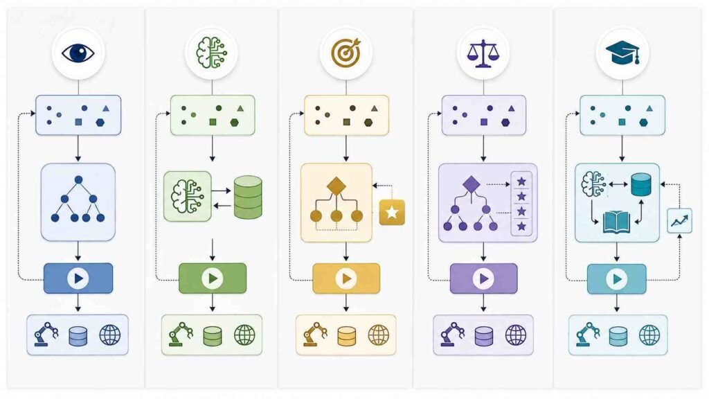 Comparison of simple reflex, model-based, goal-based, utility-based, and learning AI agents