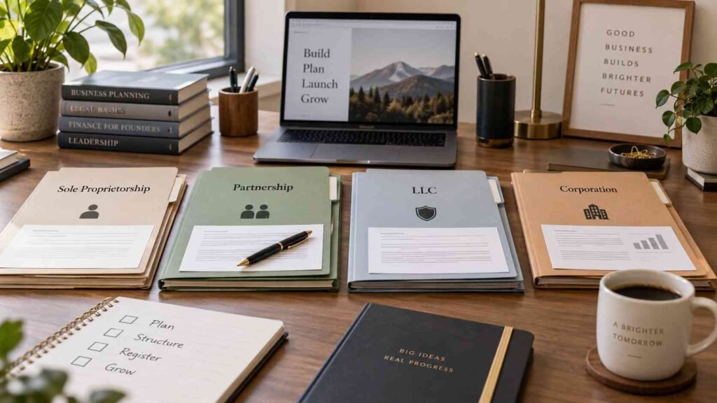 Business structure options including sole proprietorship, partnership, LLC, and corporation