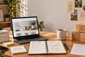Business planning workspace with laptop, business plan, marketing notes, and small business products