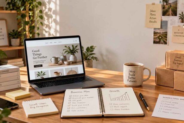 Business planning workspace with laptop, business plan, marketing notes, and small business products