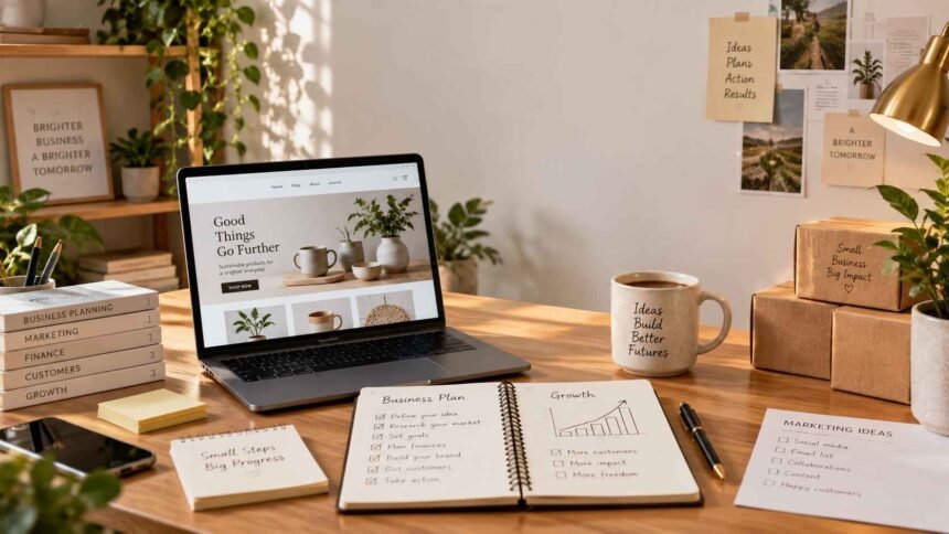 Business planning workspace with laptop, business plan, marketing notes, and small business products