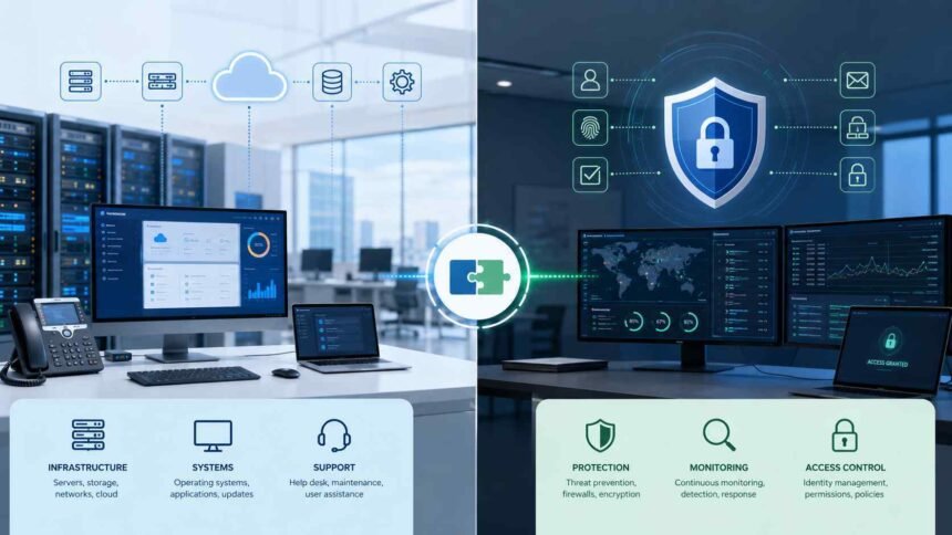 IT and cybersecurity shown as related but distinct technology fields